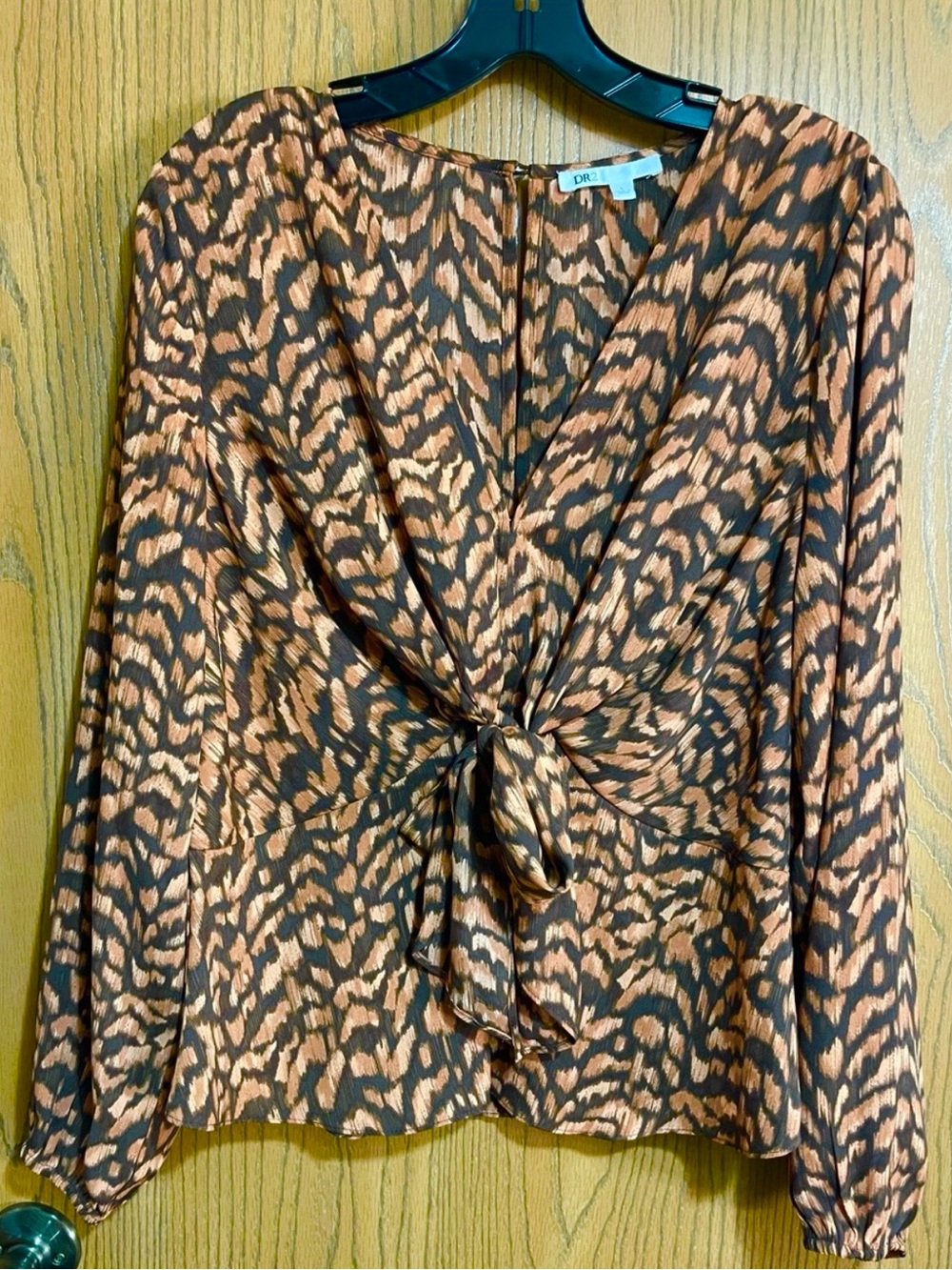 EUC DR2 Blouse - Brown and Tan Animal-Print and Tie-Front